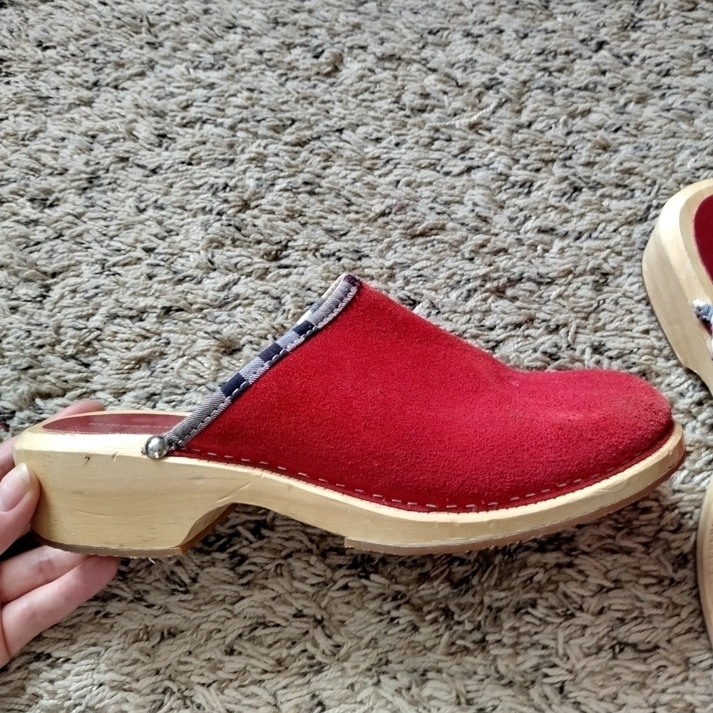 Burberry Authentic Red Suede Leather Wooden Clogs Mules Slip On sz 38/7,5 - Picture 6 of 9